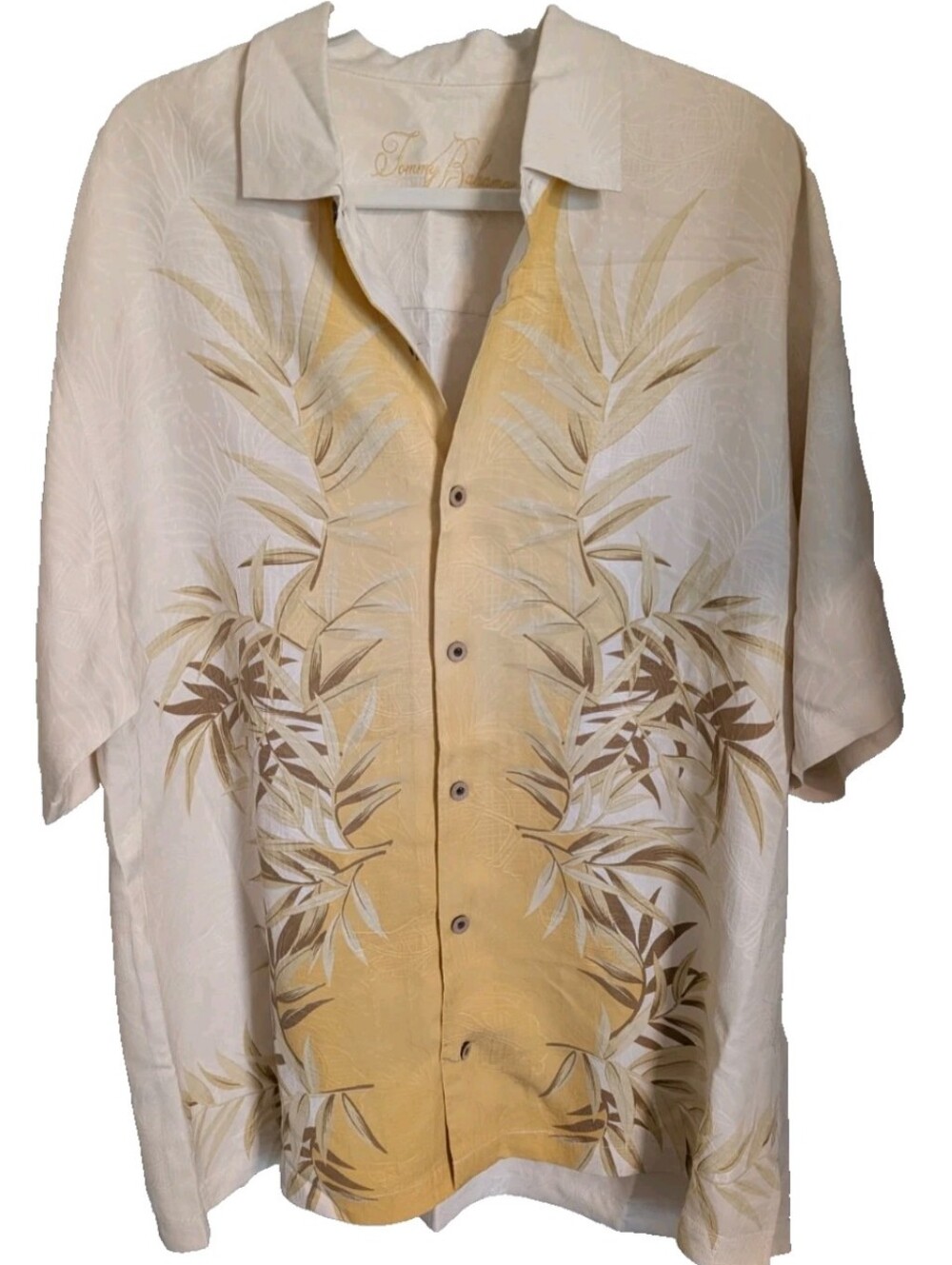 Tommy Bahama Palm Leaves Silk Blend Button Down HAWAIIAN Shirt Beige Yellow XL